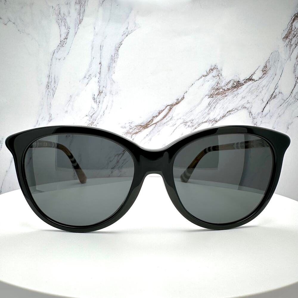 New Burberry Sunglasses Black Front Round Pantos Frame Checkered Arms Gray Lens - Picture 3 of 16